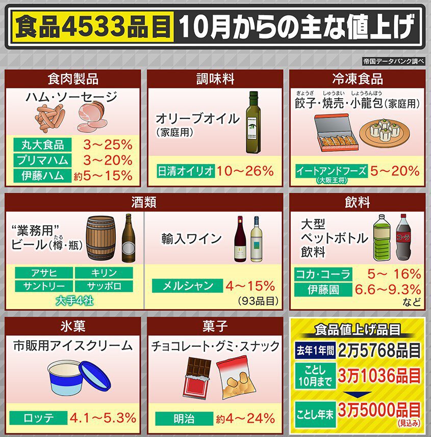 情報ライブ ミヤネ屋｜記事｜【詳細解説】新たに4500品目以上が10月 値上げ…いつまで続く？政府の対策は？専門家指摘「岸田政権の最大の欠点は、政策が総花的で小粒」｜読売テレビ