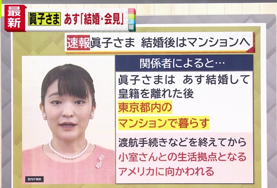 情報ライブ ミヤネ屋｜記事｜【独自解説】眞子さま、皇籍離脱後は都内のマンションへ  元・宮内庁職員「秋篠宮殿下のお気持ちとしては、結婚後も近くにいてほしいというのはあるんでしょうけれども…」｜読売テレビ